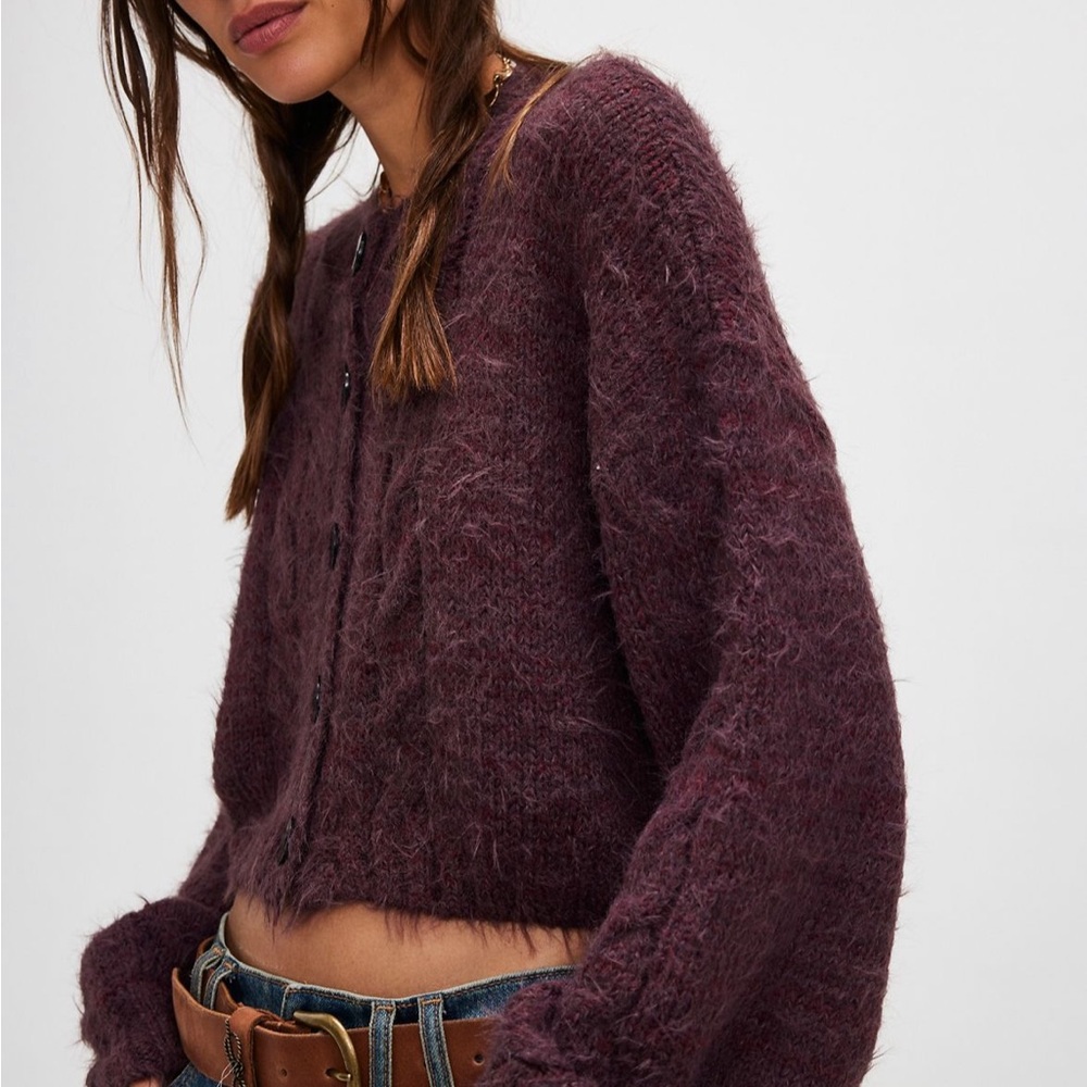 Free People Fuzzy Cropped Cardigan in Plum